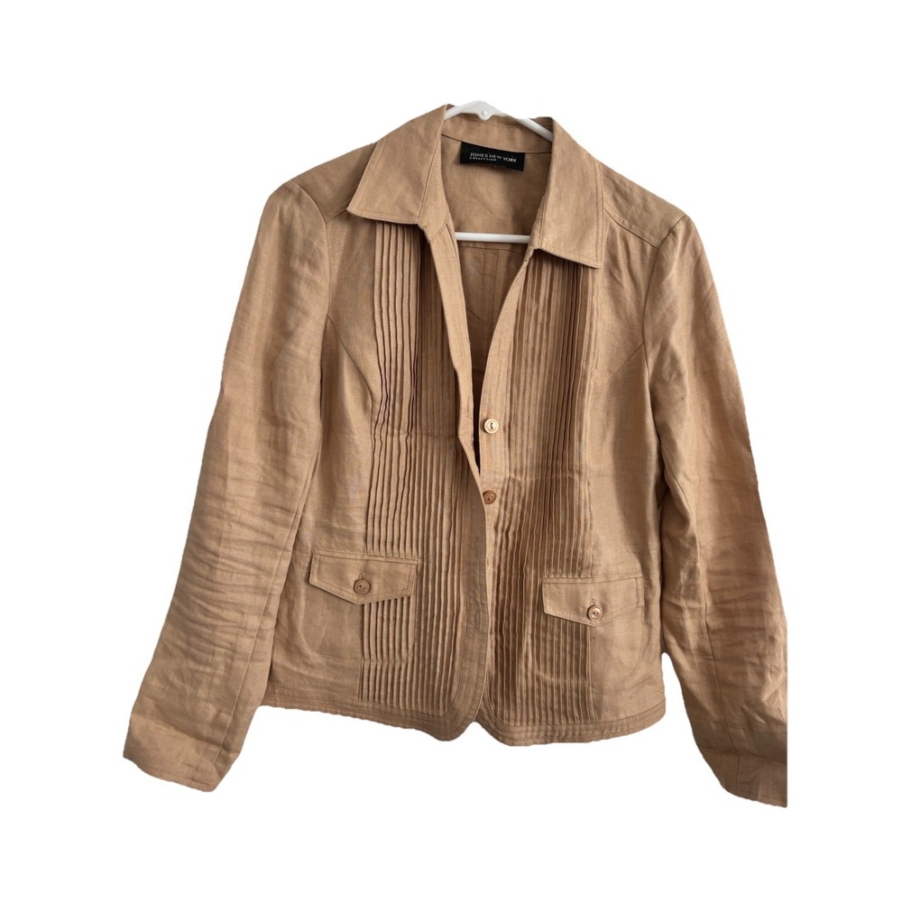 Jones New York LINEN Women Small Long Sleeve‎ Blazer Jacket Tan Front Pleats
